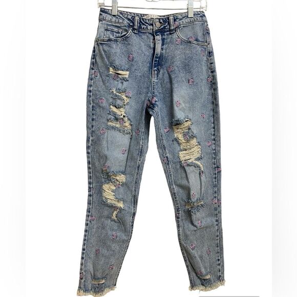 Tinseltown Butterfly Embroidered Mom Jeans Size 9 Frayed-Hem Destructed Y2K - Picture 4 of 16